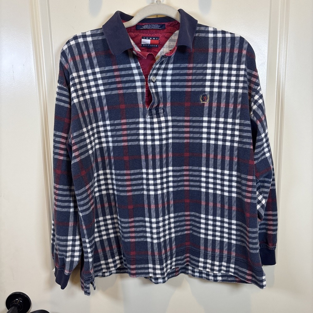Vintage 90s Tommy Hilfiger Long Sleeve Polo Shirt Size Medium Rugby Plaid Crest